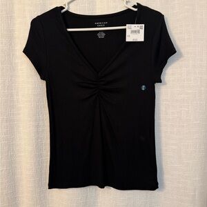 American Eagle Outfitters Black Ruched Short Sleeve Tee